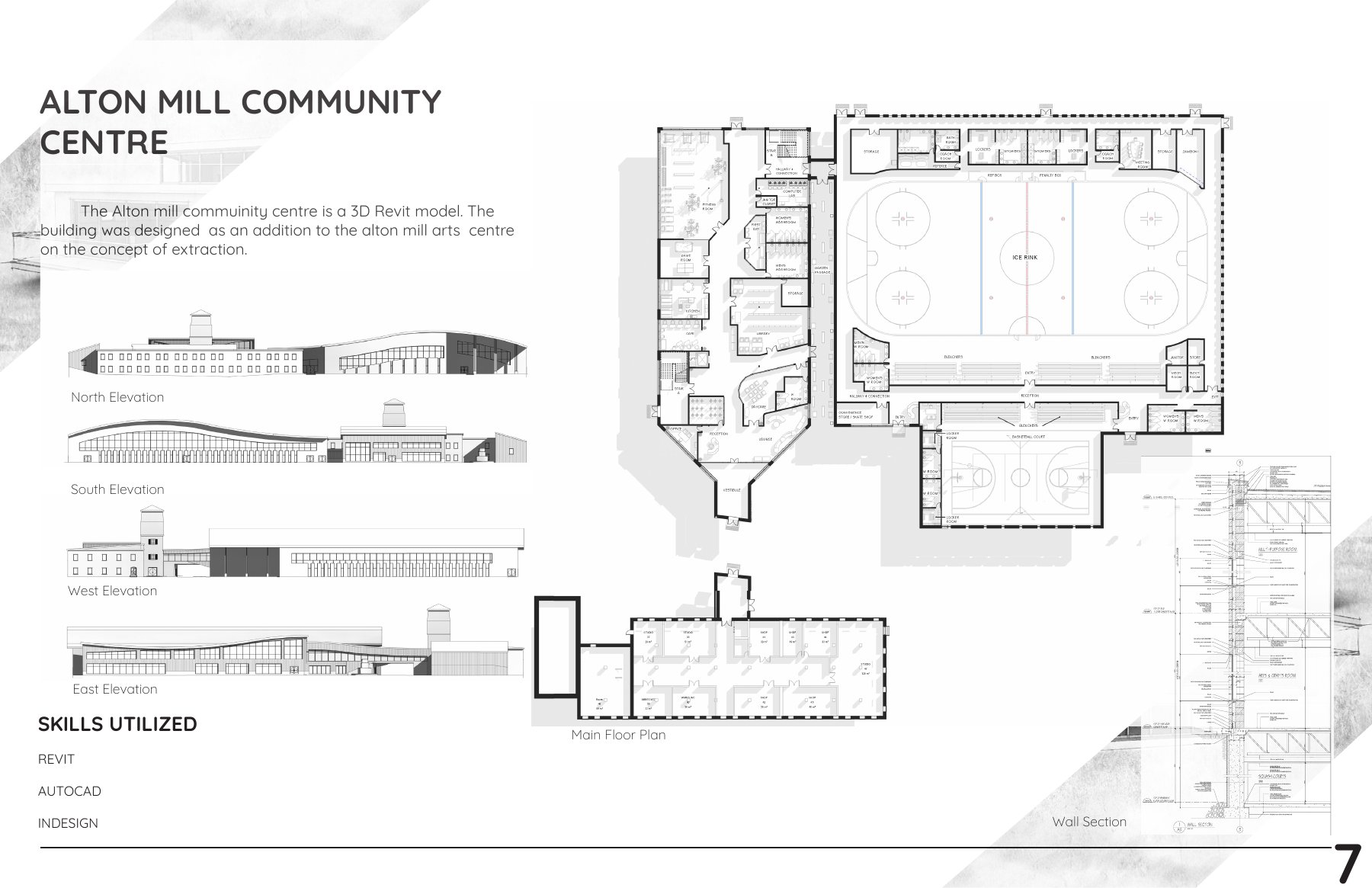 Alton Mill: elevations, floor plan and wall section