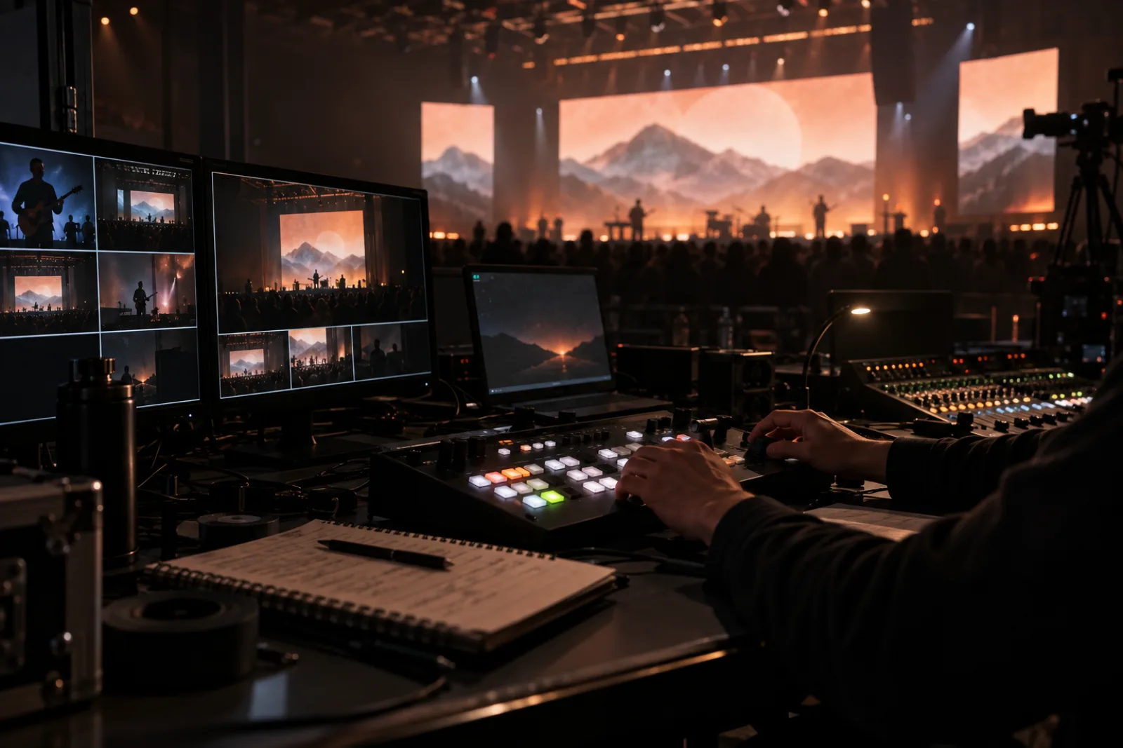 Generated illustration of a live-event production control desk
