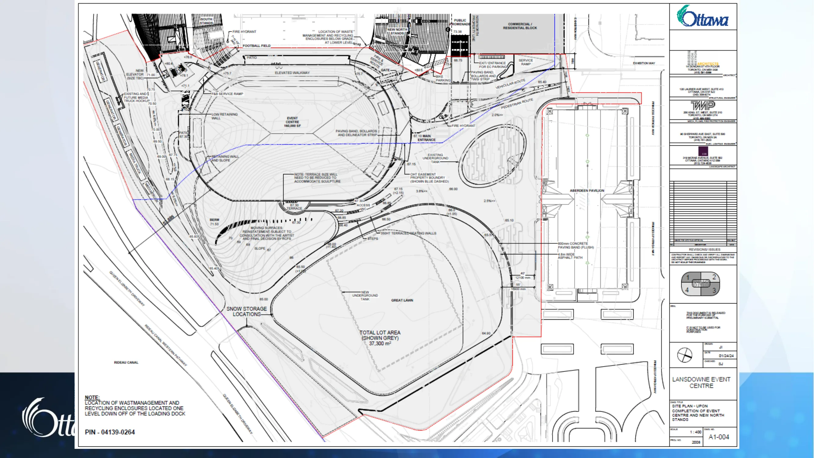Detailed site plan of the Event Centre, grading, access routes, landscape and adjacent North Stands; title block lists JI in the drawn-by field