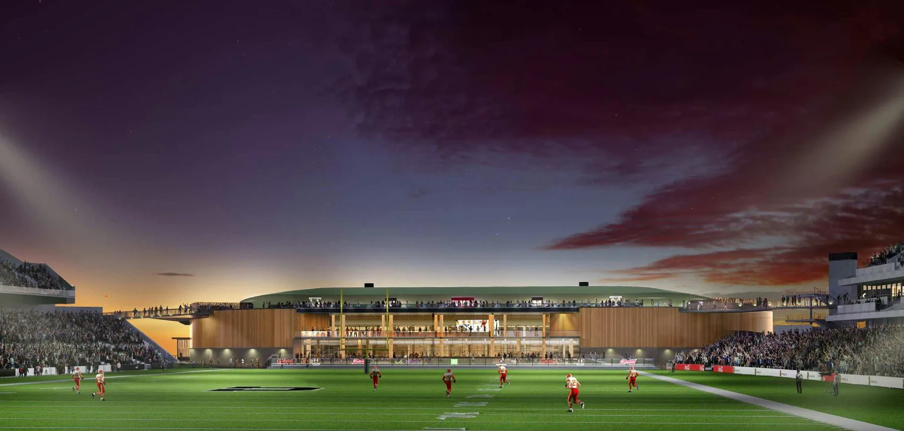 Official view from the stadium showing the Event Centre roofline and glazed exterior