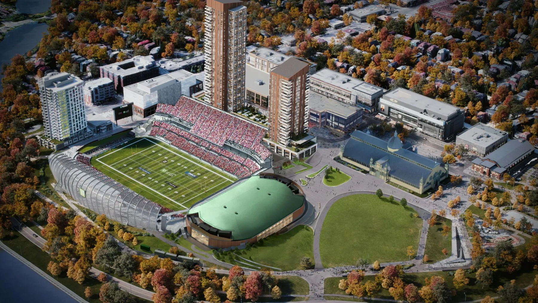 Official aerial rendering of Lansdowne 2.0 showing the Event Centre, stadium, buildings and surrounding landscape