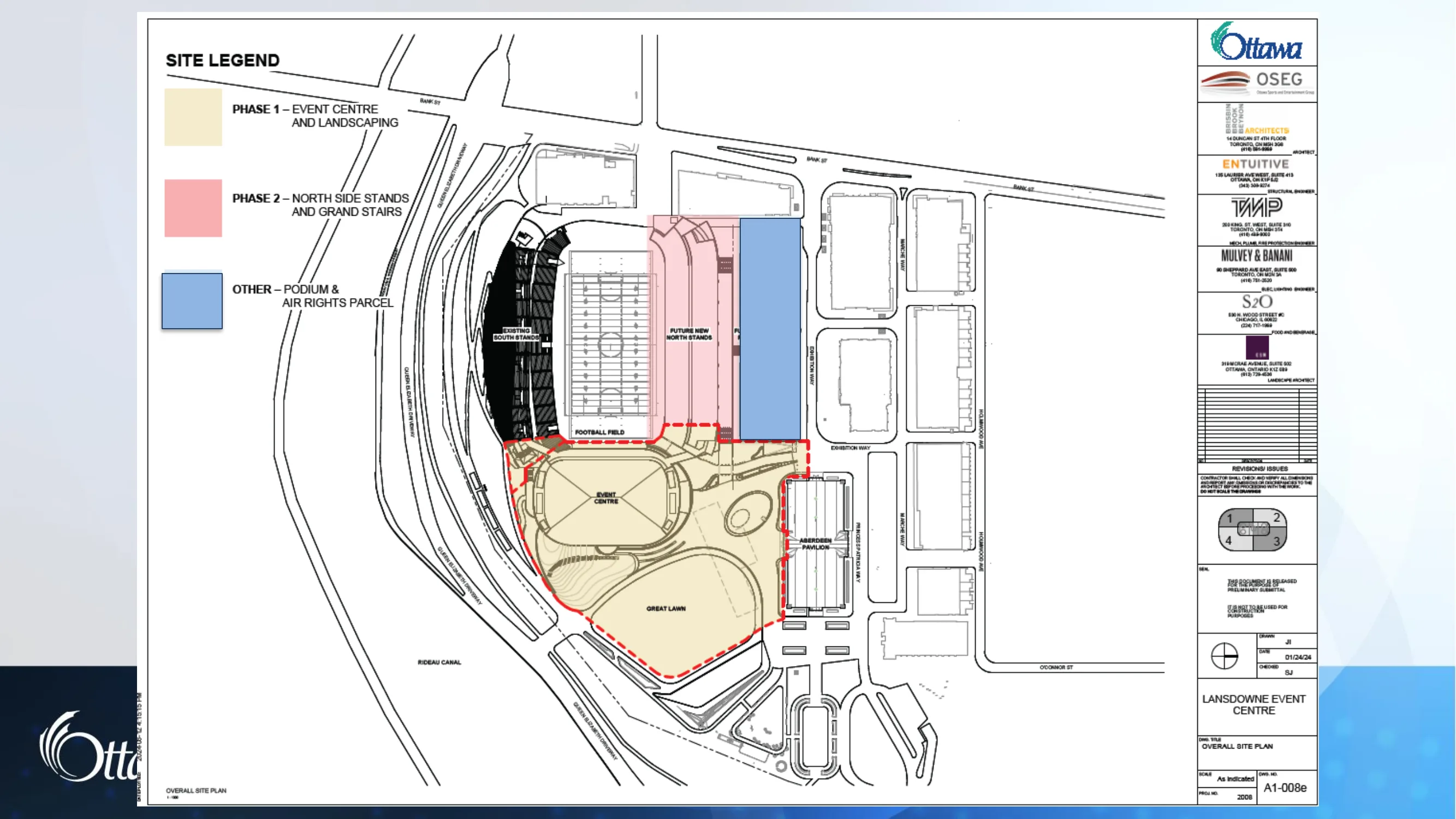 Overall Site Plan showing the Event Centre and landscaping as Phase 1; title block lists JI in the drawn-by field