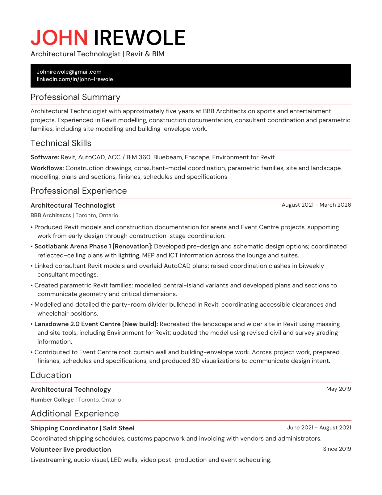 Page 1 of John Irewole’s résumé, showing his professional summary, technical skills, project contributions, experience and education