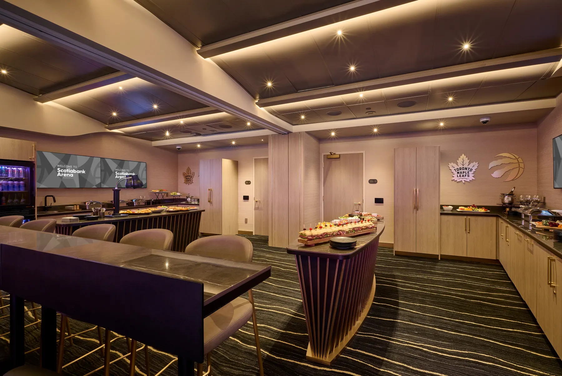 Closer view of a flared island in a completed 200-level party suite