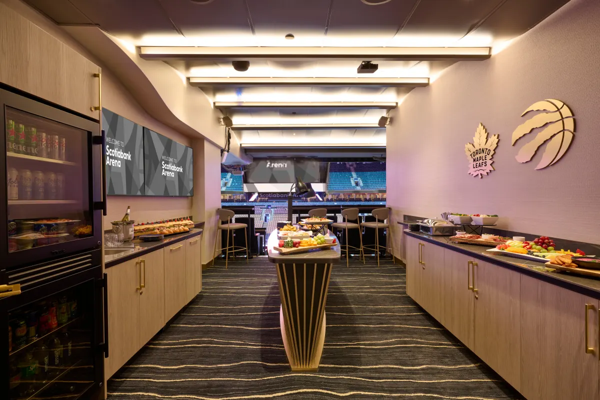 Completed 200-level suite with a view toward the arena bowl; official Scotiabank Arena photograph