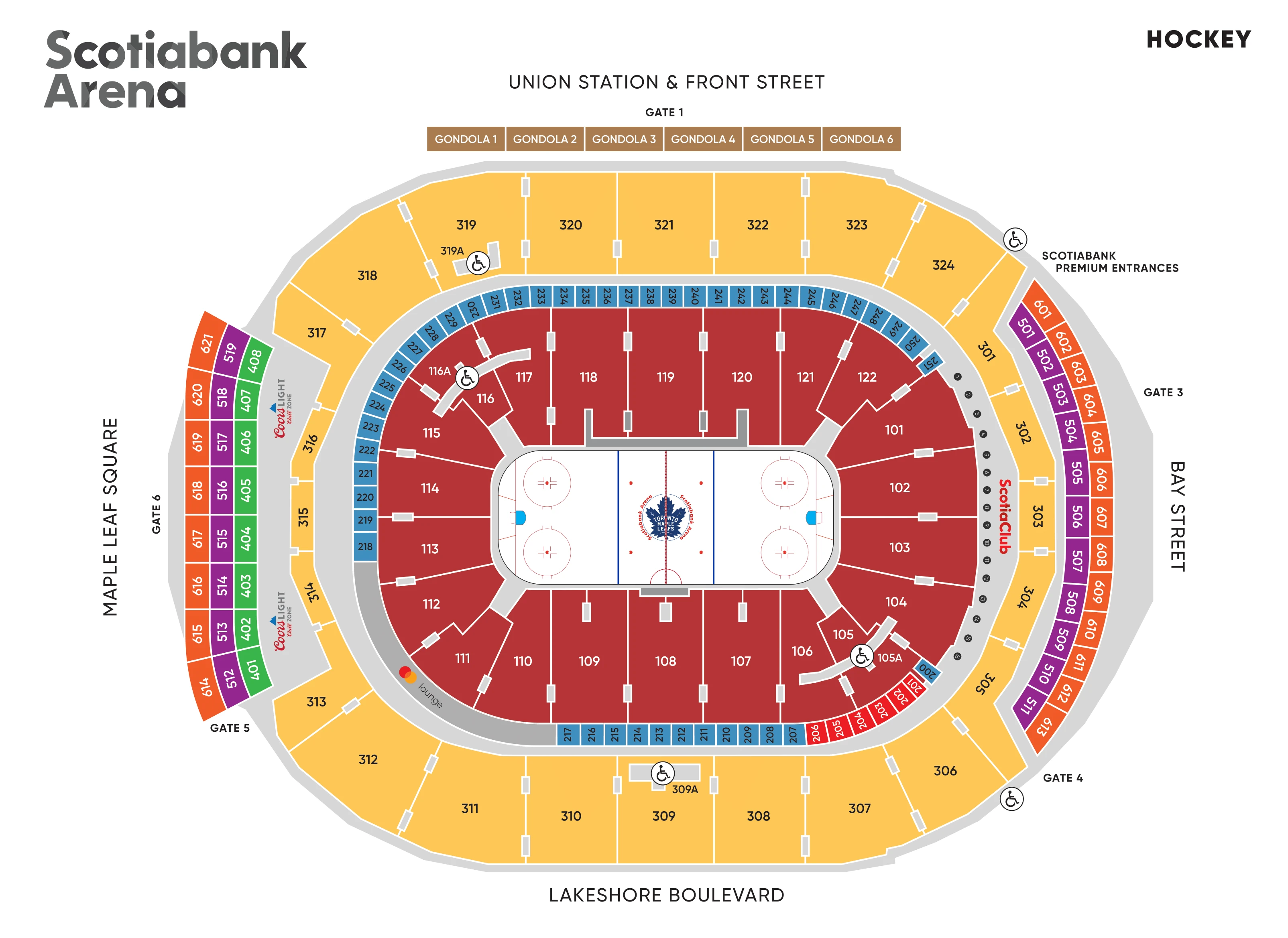Scotiabank Arena hockey seating map showing the ring of 200-level suites and the Mastercard Lounge location